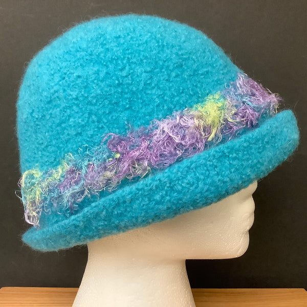 Felted Wool Hat Turquoise & Purple/ Yellow Band