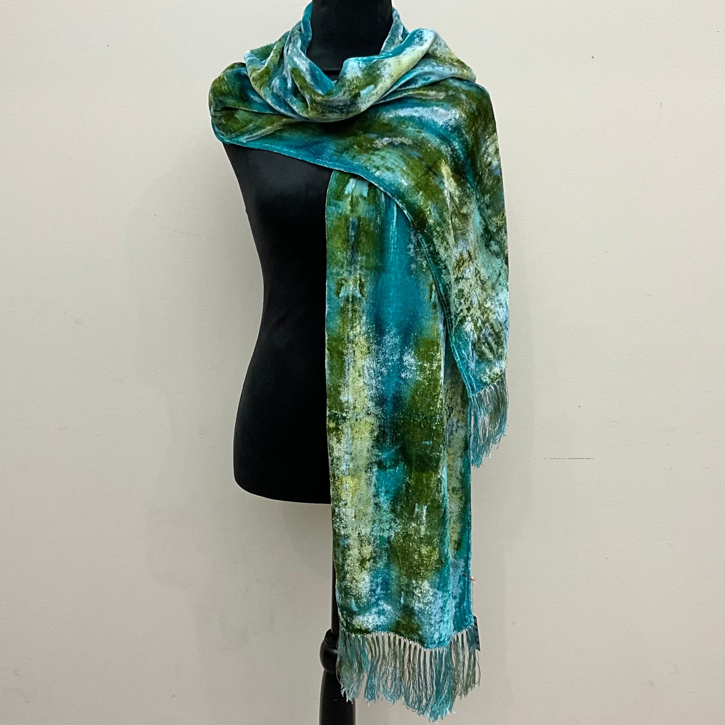 Ice Dyed Silk Velvet Scarf - Celadon Colorway, large with fringe