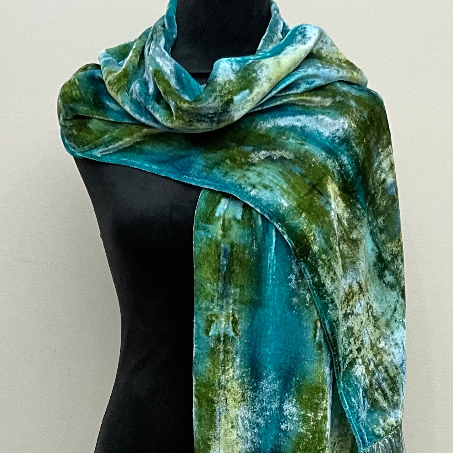 Ice Dyed Silk Velvet Scarf - Celadon Colorway, large with fringe