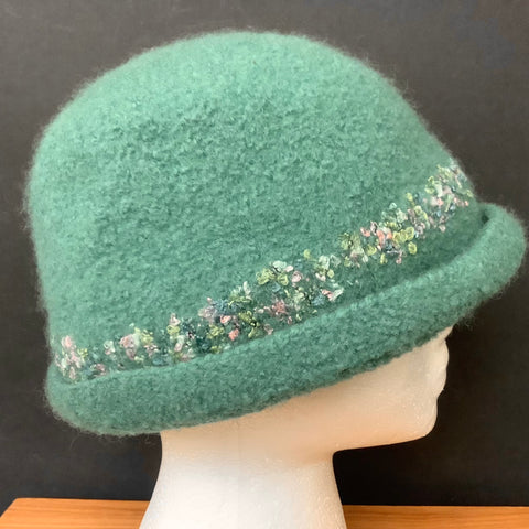 Felted Wool Hat Soft Green, Pink & Green Band