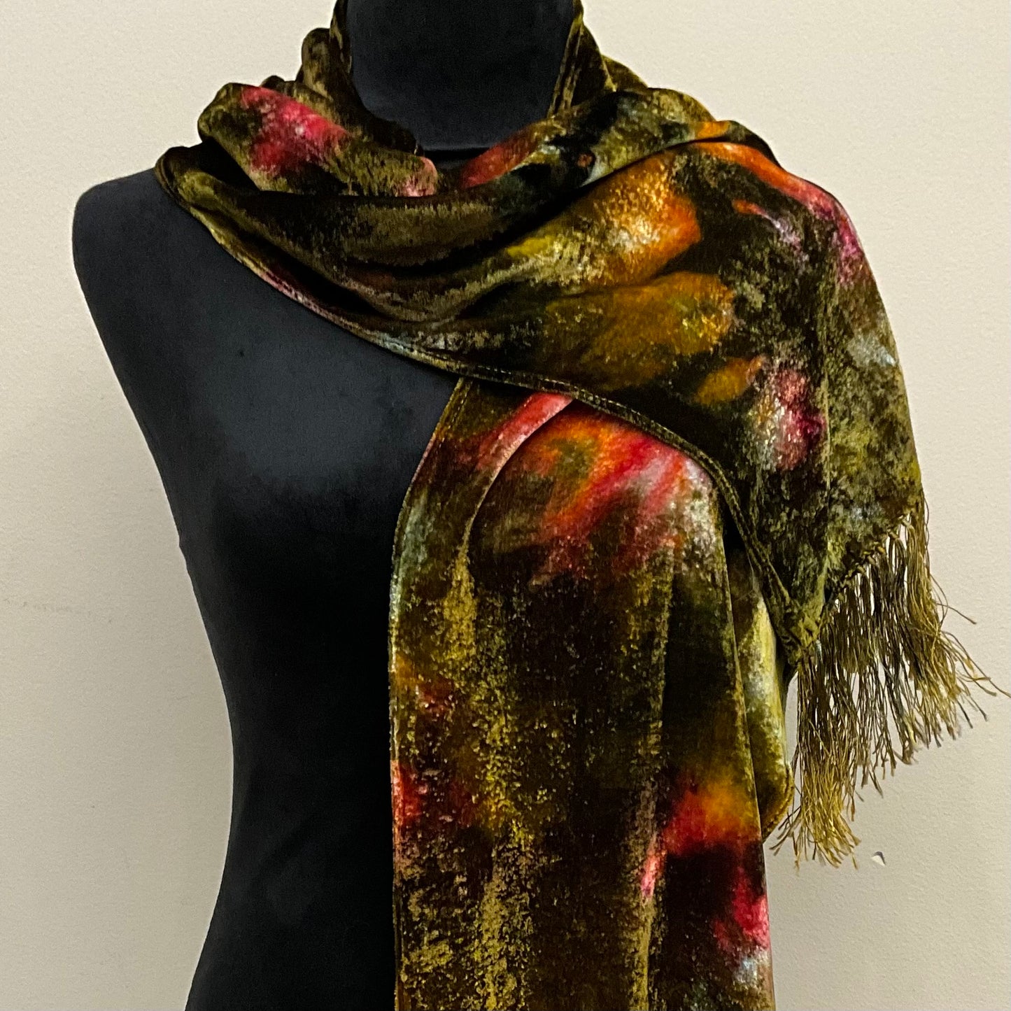 Ice Dyed Silk Velvet Scarf  - Vintage Moss, small with Fringe