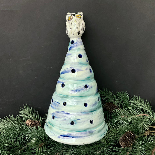 Ceramic Luminaria Tree Blue & Green with Owl