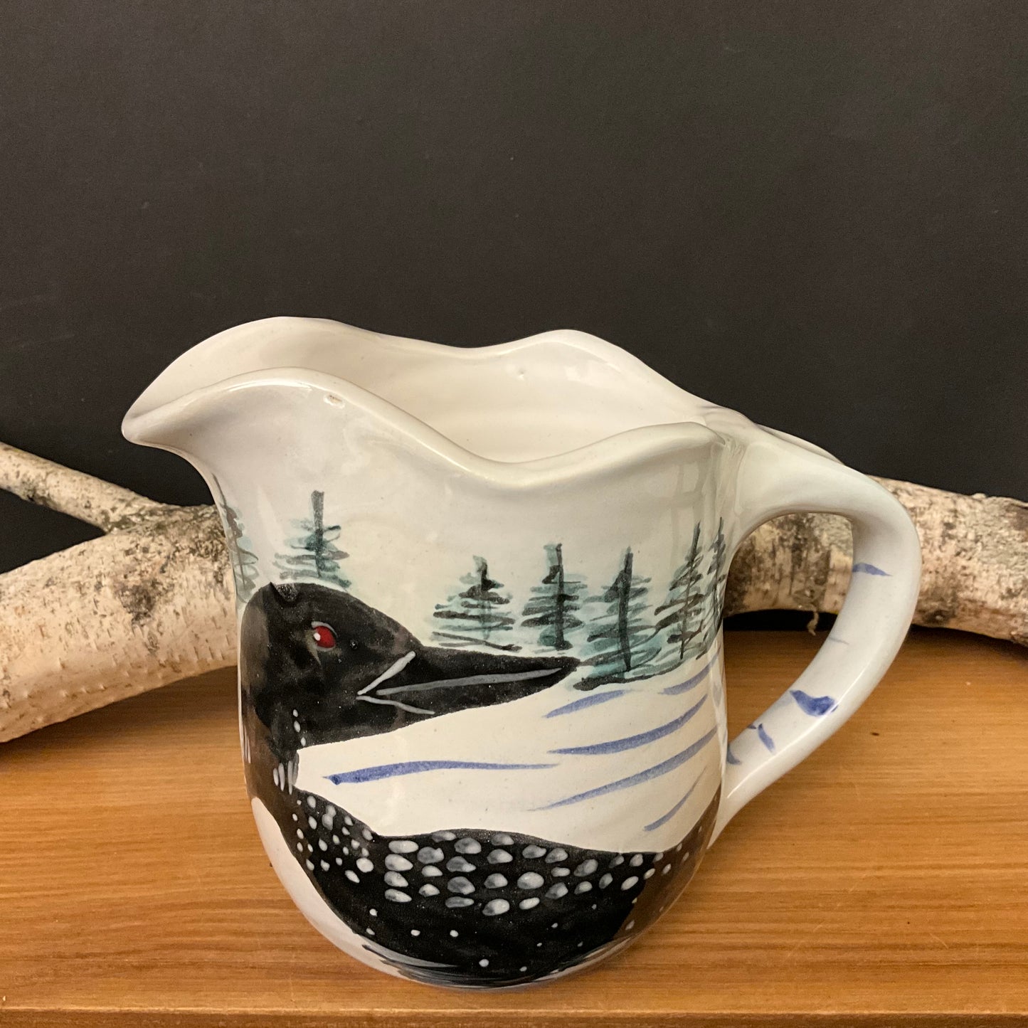 Pitcher - Loon on White with Trees in Background