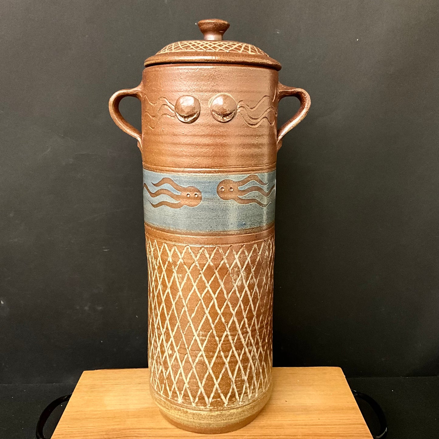 Tall Covered “Triple Tail” Jar in Brown & Blue with Cross-hatch Design
