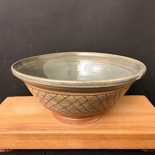 Bowl in Gray Green & Brown w Cross-hatch Design
