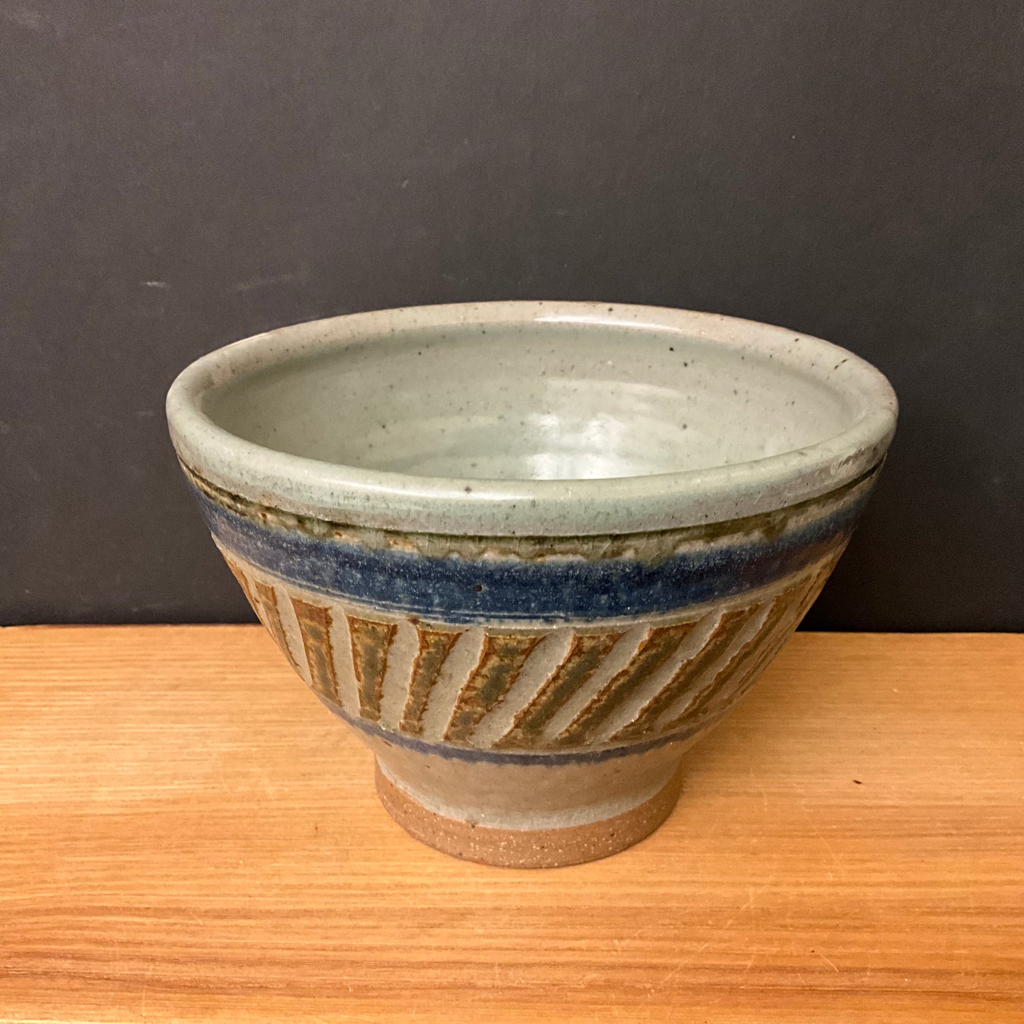 Deep Small Bowl in Blue Brown w Carved Diagonal Design
