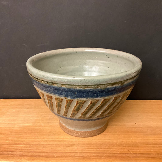 Deep Small Bowl in Blue Brown w Carved Diagonal Design