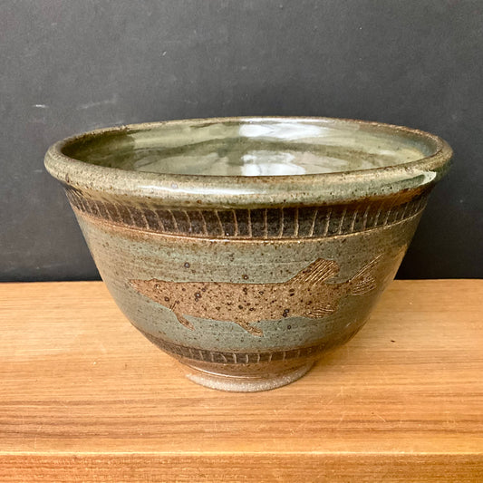 Deep Small Bowl in Gray Green Blue with Fish