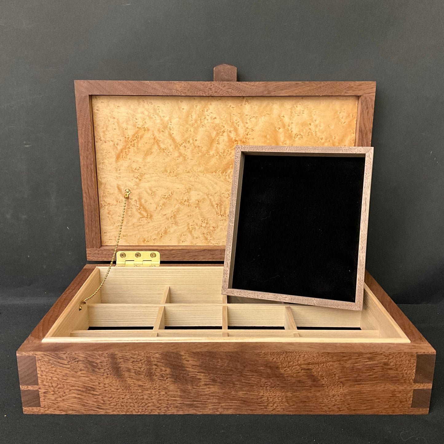 Walnut and Birdseye Maple Jewelry Box with Divider and Sliding Tray