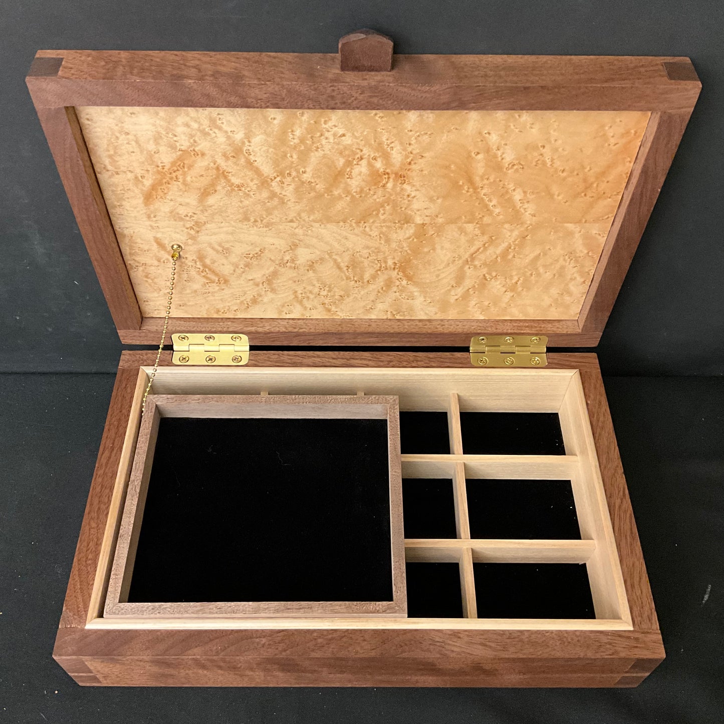 Walnut and Birdseye Maple Jewelry Box with Divider and Sliding Tray