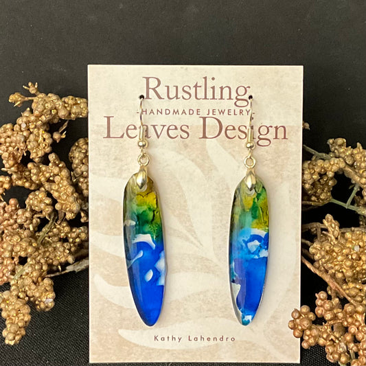 Elongated Resin Oval Earrings in Blues & Green