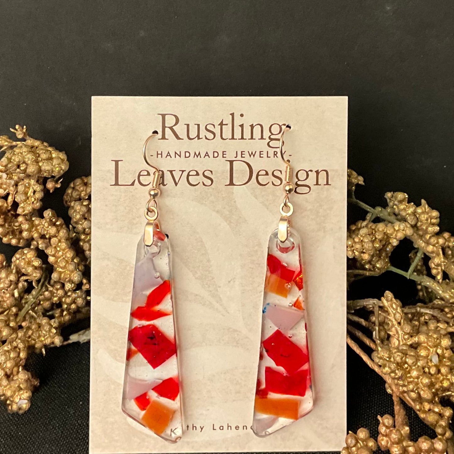 Large Trapezoid Earrings in Glass & Resin - Red & Orange “ConfettI”