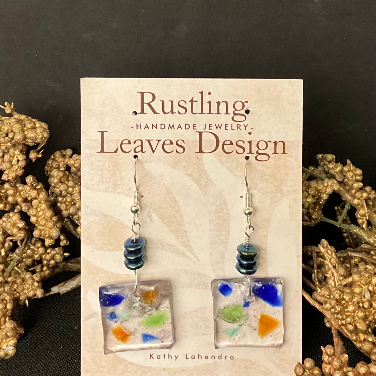 Square Earrings in Glass & Resin - Blue, Green  & Orange “ConfettI”
