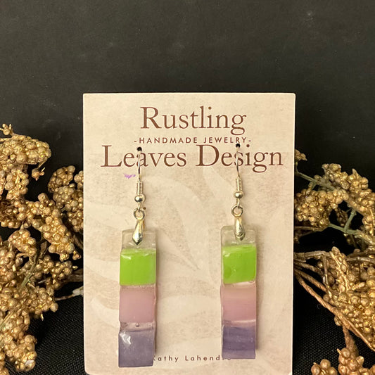 Rectangle Earrings in Glass & Resin - purple, pink & lime stripes