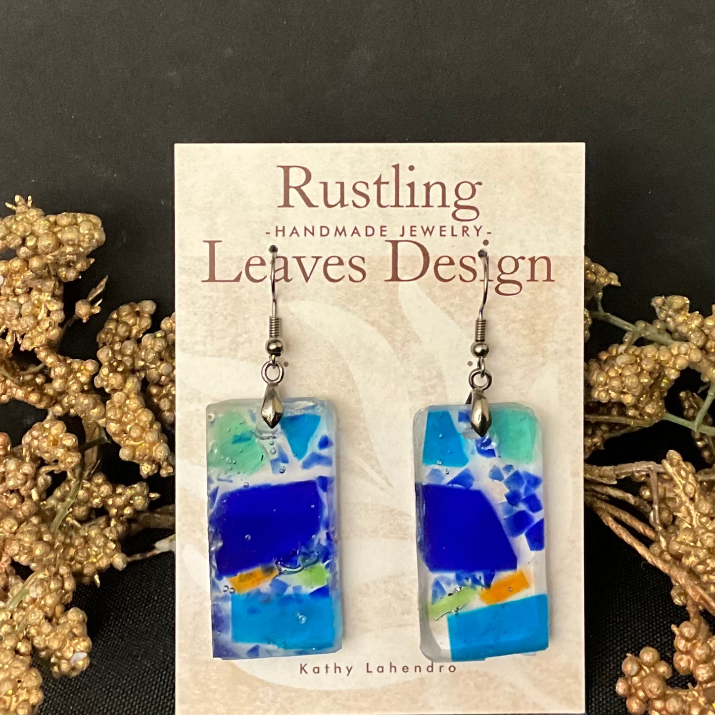 Large Rectangle Earrings in Glass & Resin - Blues & Orange “ConfettI”