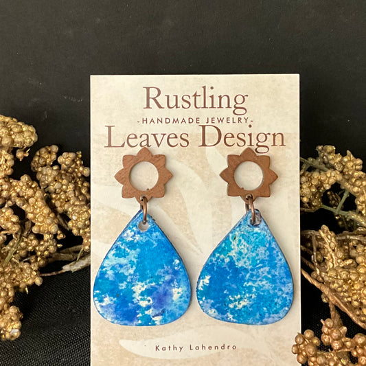 Teardrops Earrings in Blues with Wood “Flower” Post