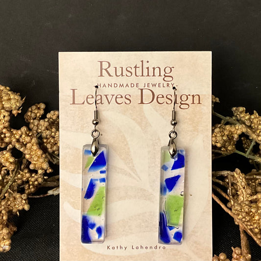 Elongated Rectangle Earrings in Glass & Resin - Blue & Green “ConfettI”