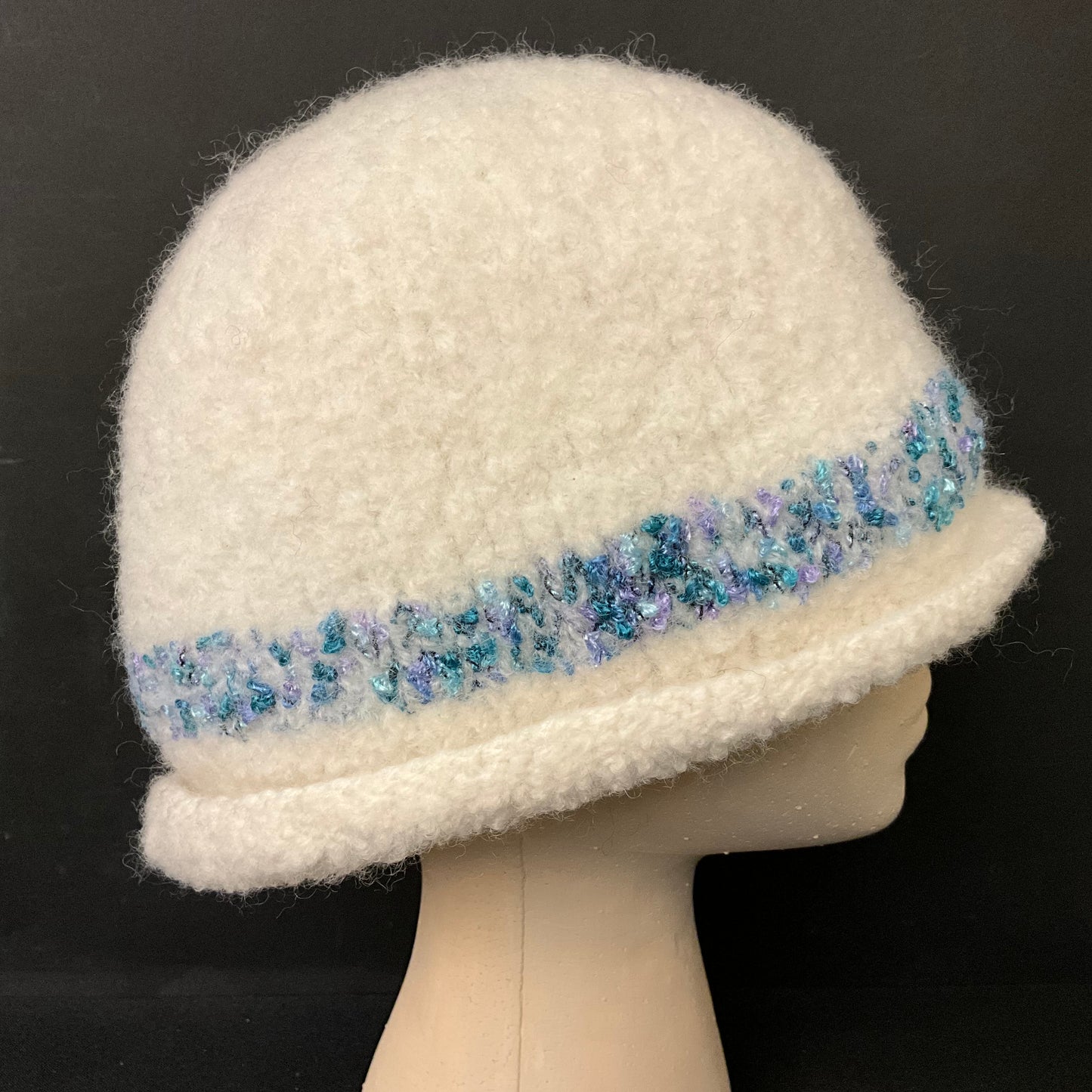 Hand Felted Wool Winter White Hat w Blue & Purple  Muench Band