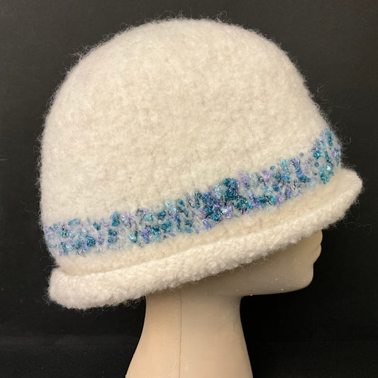 Hand Felted Wool Winter White Hat w Blue & Purple  Muench Band