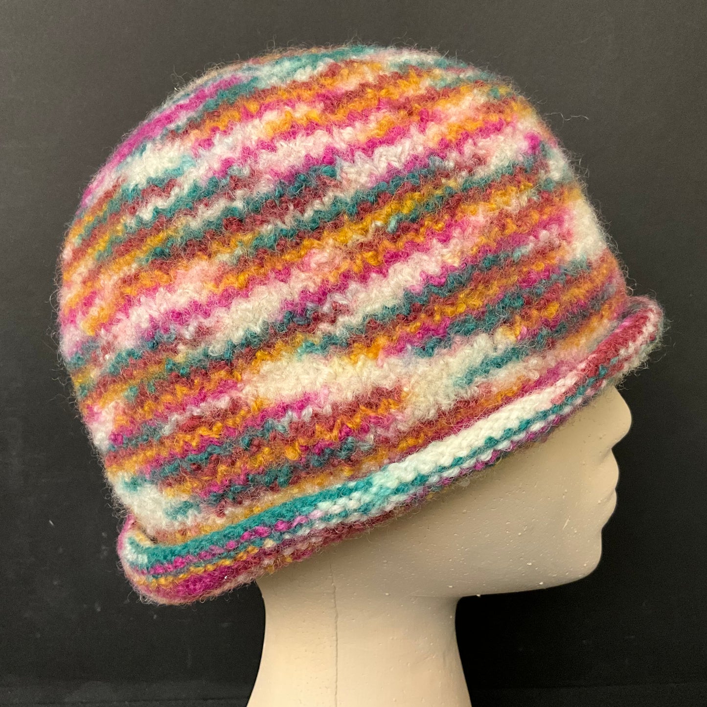 Hand Felted Wool Hat w Teal, Pink & Orange Stripes