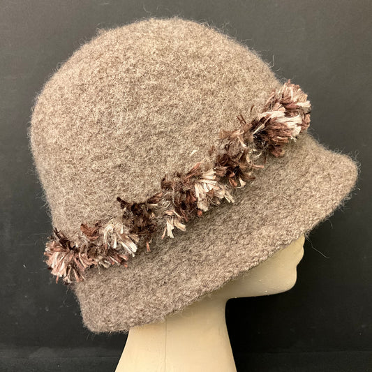 Hand Felted Wool Hat Light Cocoa Brown w Fringe Band