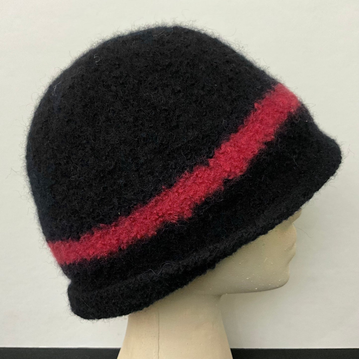 Hand Felted Wool Hat in Black with Red  Stripe