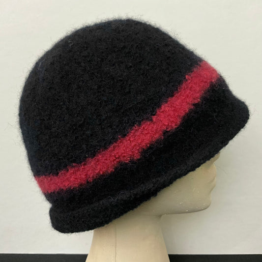 Hand Felted Wool Hat in Black with Red  Stripe