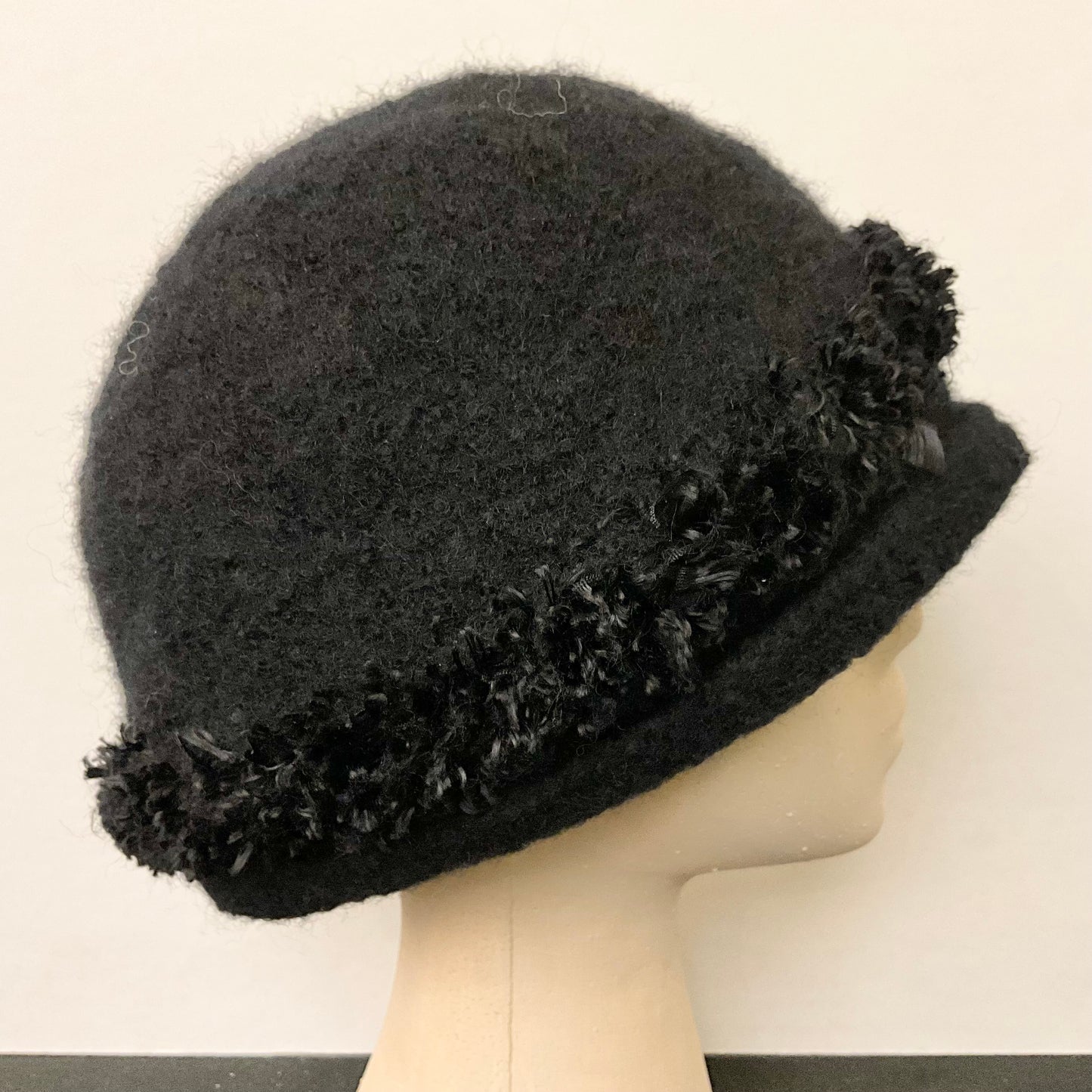 Hand Felted Wool Hat in Black w Black Fringe Band