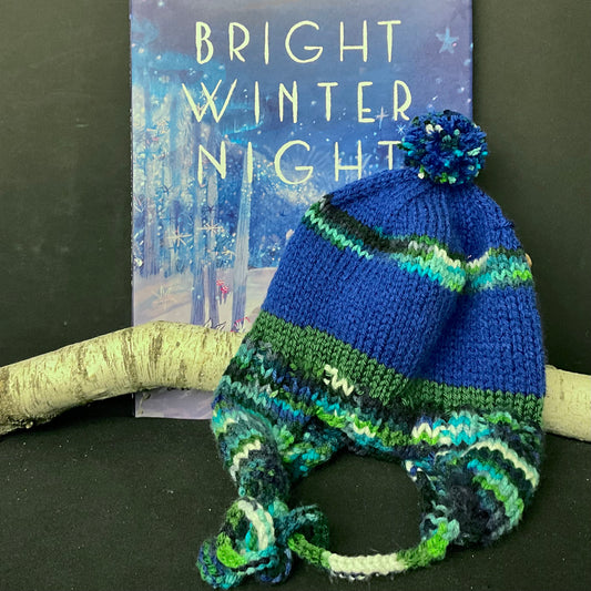 Children’s Knitted Hat with Earflaps in Blue, Aqua & Olive Green