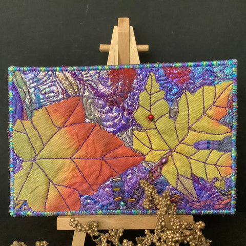 Quilt Card Maple Oak Leaves on  Purple