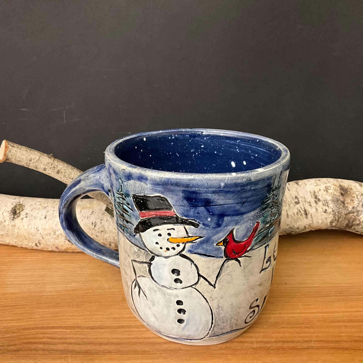Carved Snowman Mug with Blue Sky & Trees