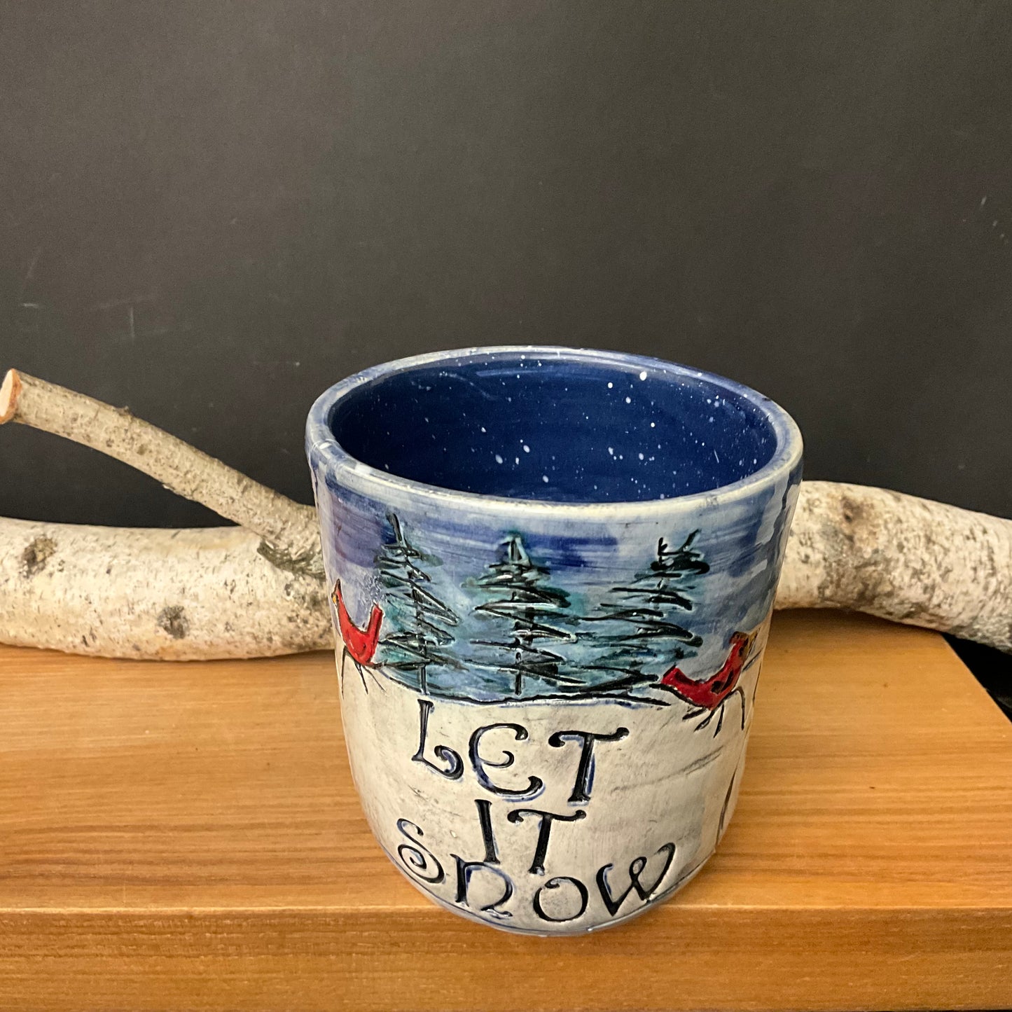Carved Snowman Mug with Blue Sky & Trees