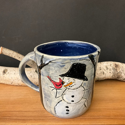 Carved Snowman & Cardinal Mug with Pale Blue Background
