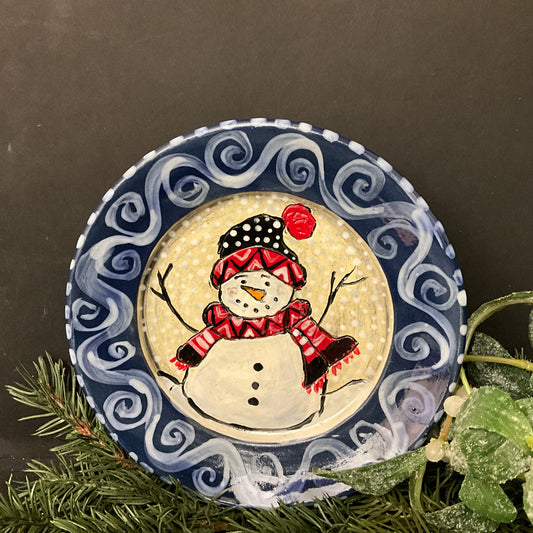 Plate Snowman with Red & Black Hat and Scarf
