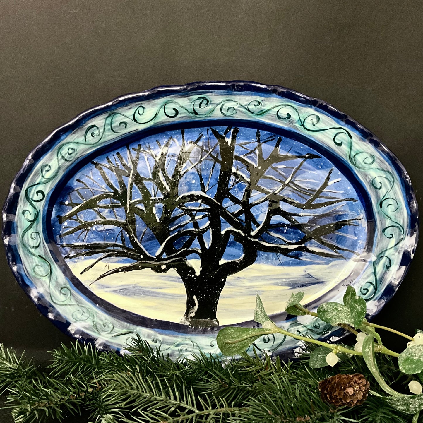 Oval Serving Platter Winter Tree