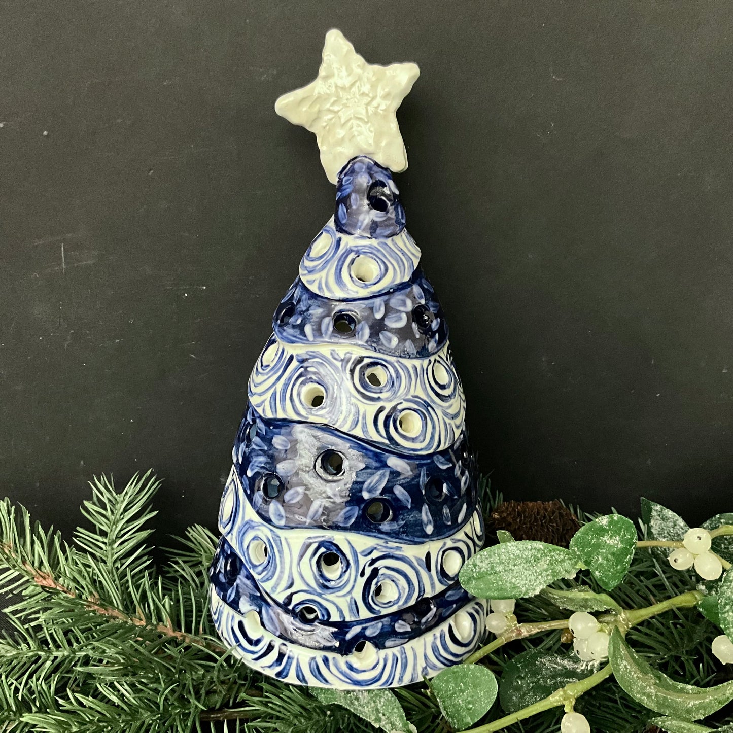 Ceramic Luminaria Tree Blue & White Swirls