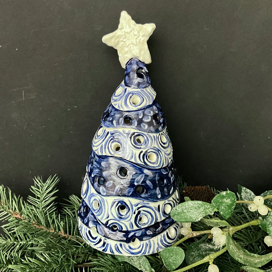 Ceramic Luminaria Tree Blue & White Swirls