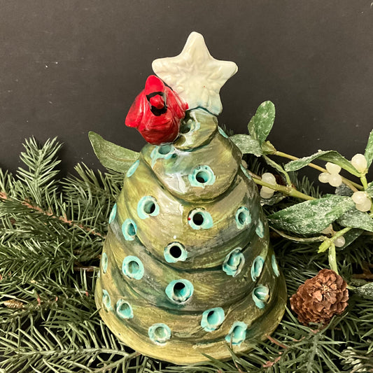 Ceramic Tree Luminaria in Olive Green with Cardinal & Star