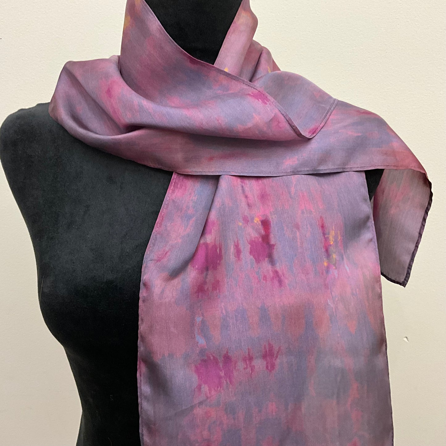 Small Ice Dyed Haboti Silk Satin Scarf - Black Cherry Colorway