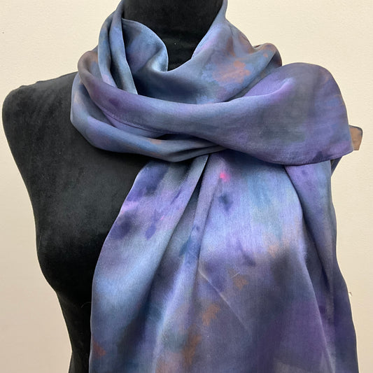 Large Ice Dyed Silk Satin Scarf - Moody Blues Colorway