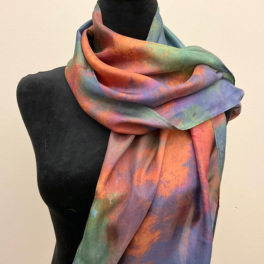 Large Ice Dyed Haboti Silk Satin Scarf, Mantis Shrimp