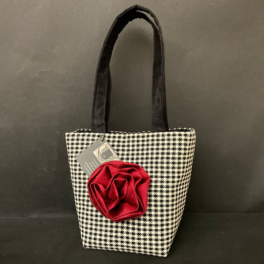 Bag Black & White Herringbone Wool Tweed w Red Dupioni Silk  Rose