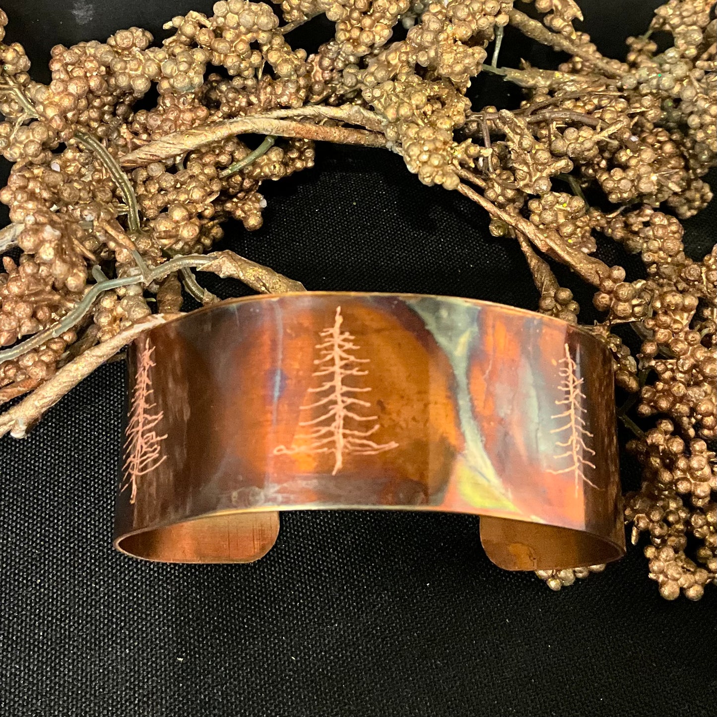 Etched Tree Flame Painted Copper Cuff Bracelet