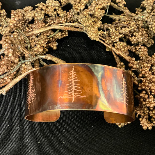 Etched Tree Flame Painted Copper Cuff Bracelet