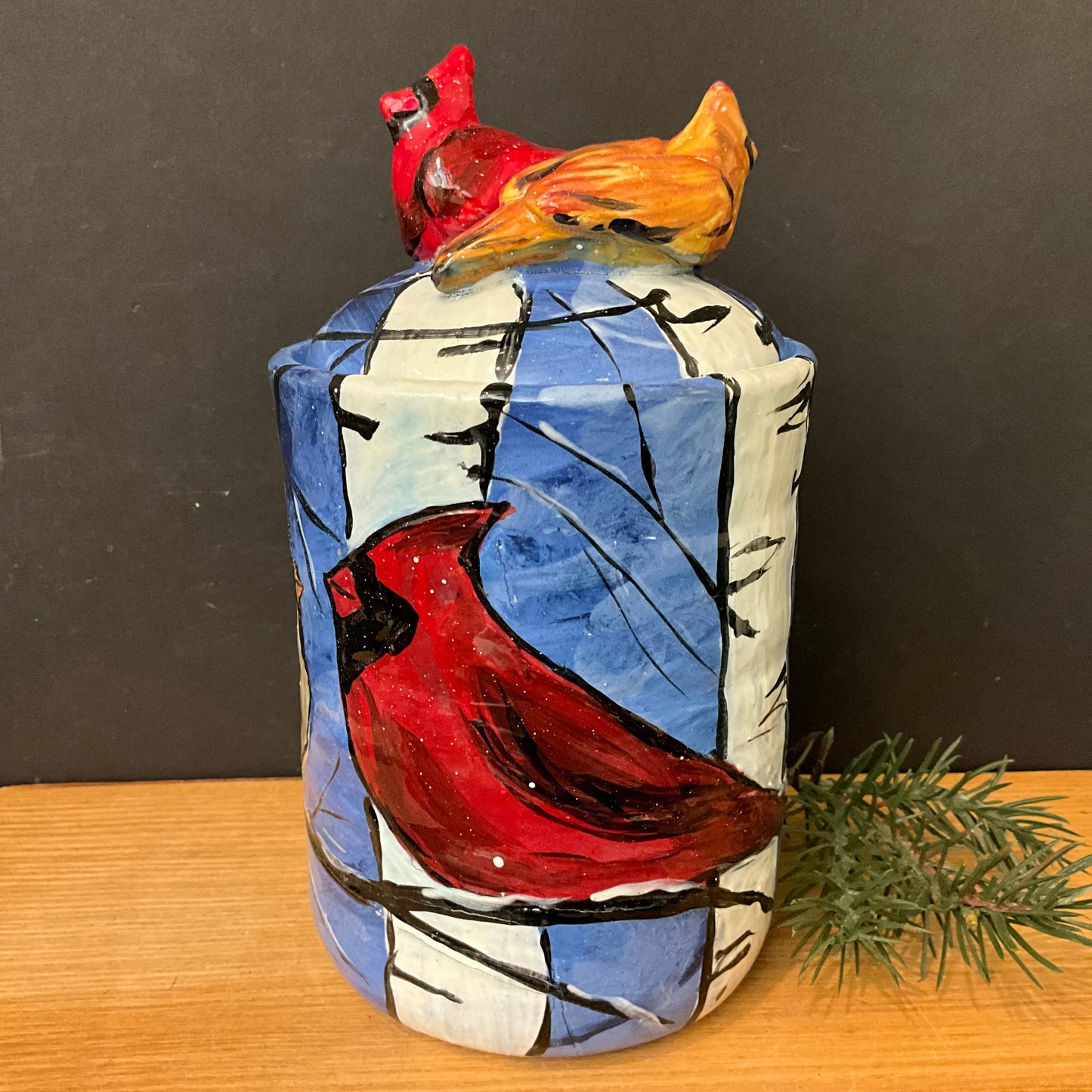 Tall Lidded Jar w Winter Cardinals on Blue & Cardinal Pair Finial