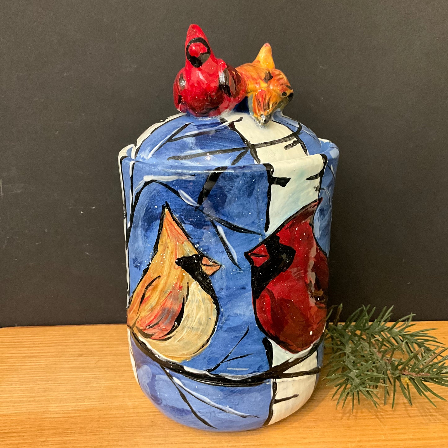 Tall Lidded Jar w Winter Cardinals on Blue & Cardinal Pair Finial