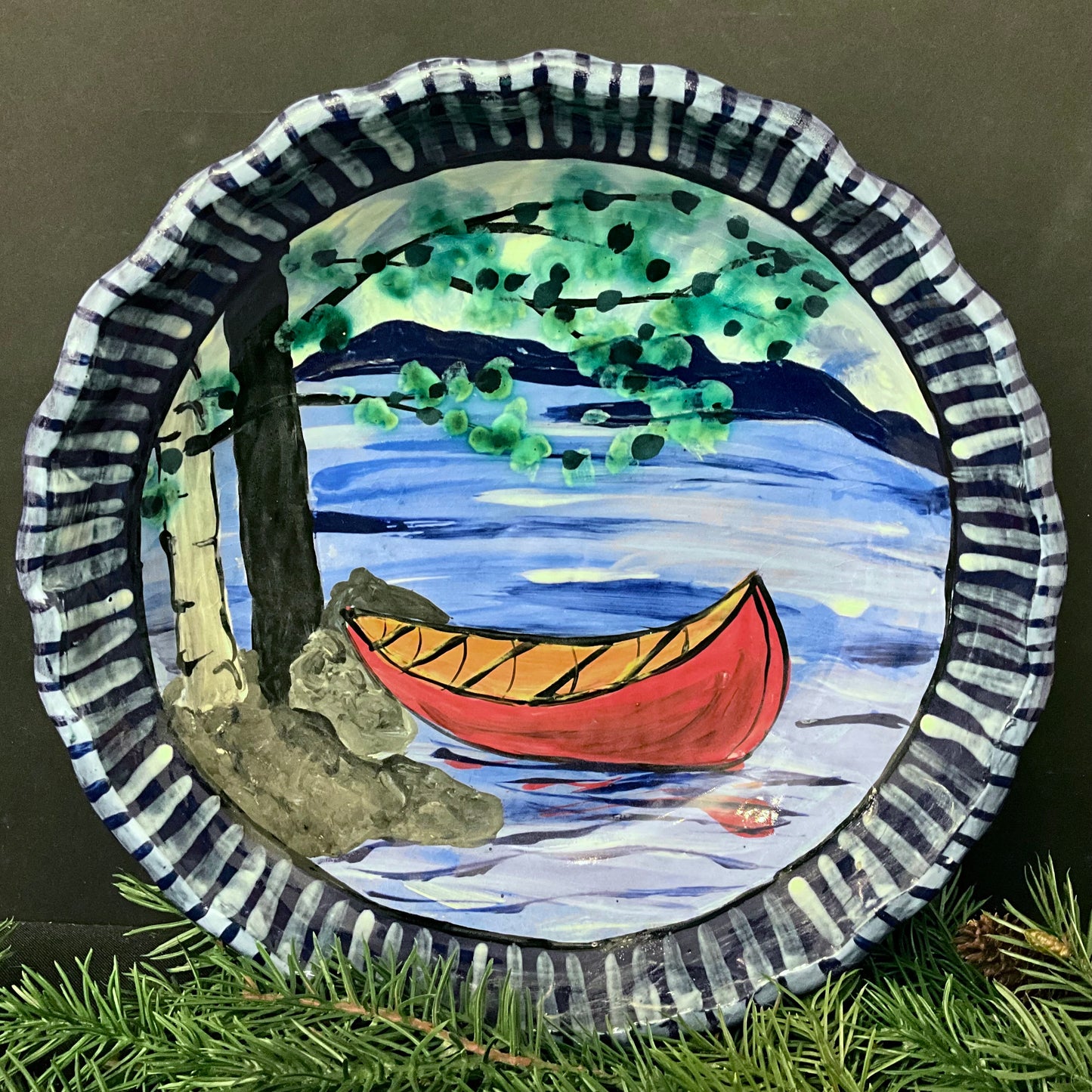 Fluted pie plate with red canoe & Birch Tree