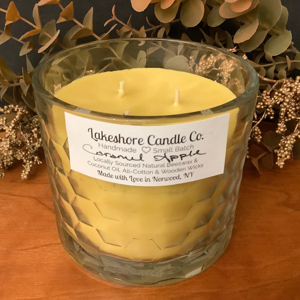 Beeswax Hex Glass 3 wick Candle, Caramel Apple