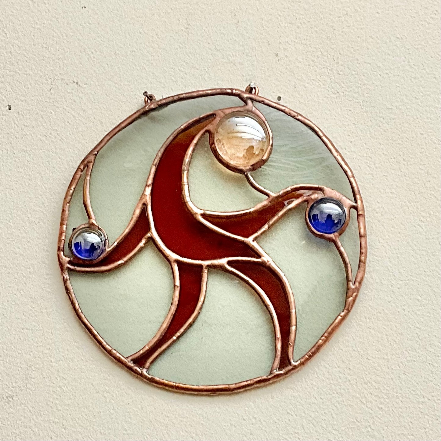 Stained Glass Disc w Clear and Amber Glass & Blue Bezels