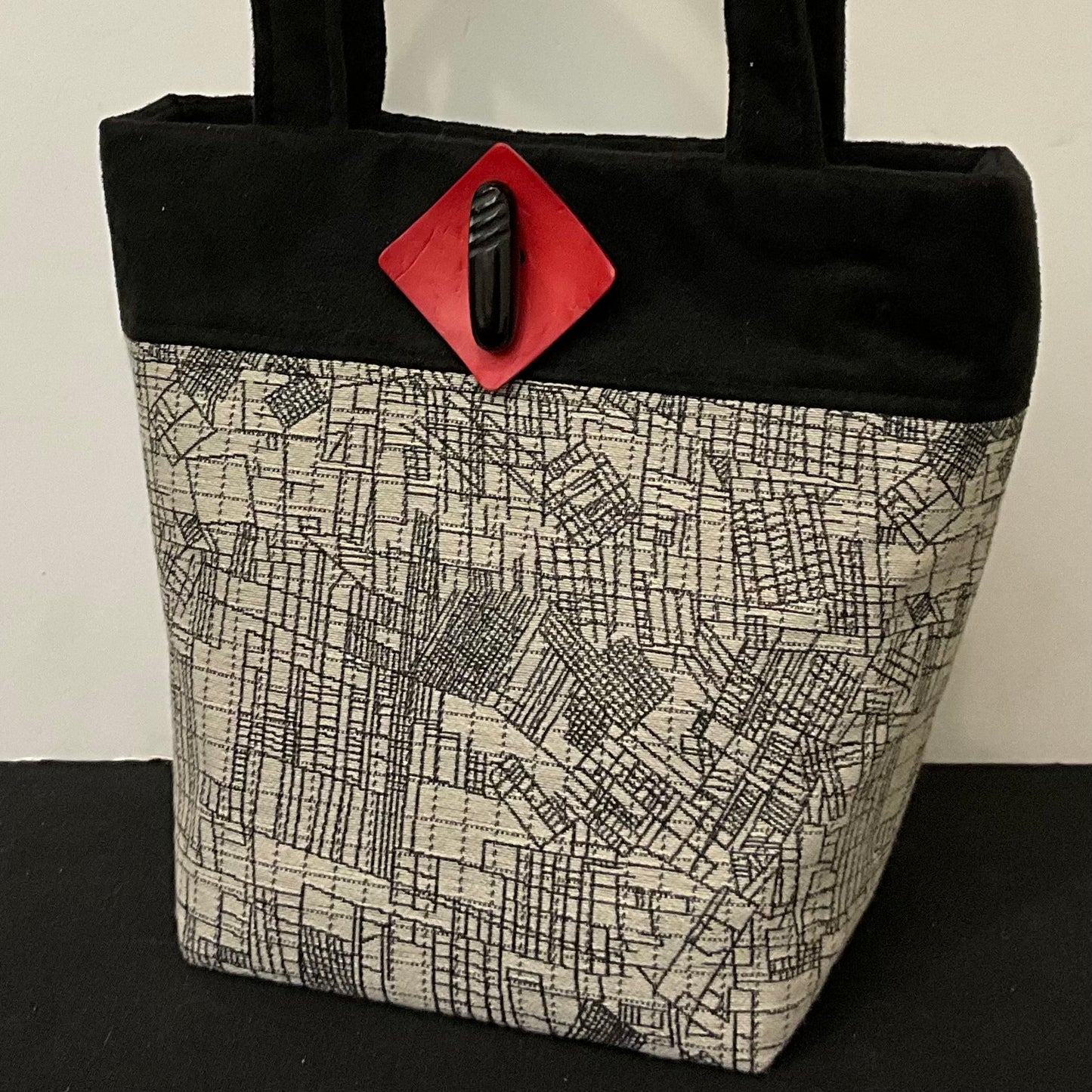Bag Black & White Crossroads Fabric with Black Microsuede Handles